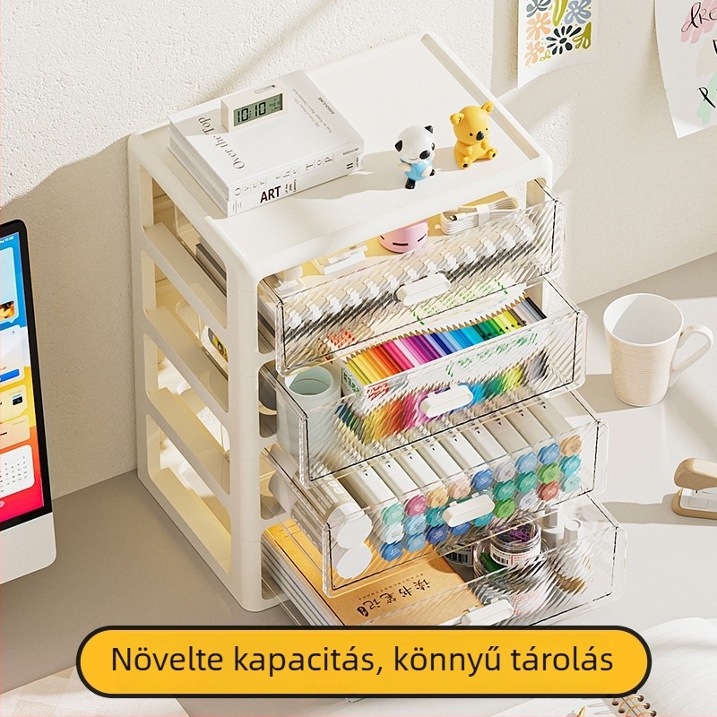Asztali tároló doboz fiókos típusú tárolórendszer, több rétegű átlátszó szervező, műanyag, 35 L kapacitás