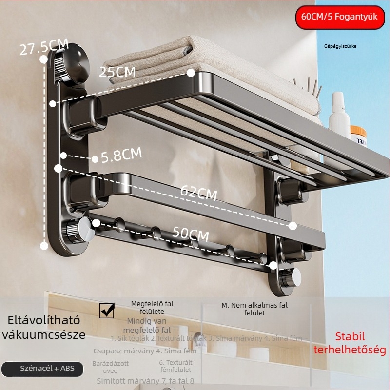 Oginsk fém törölközőtartó fürdőszobába, szívófejes rögzítés, fúrás nélkül, beépített akasztó rúddal