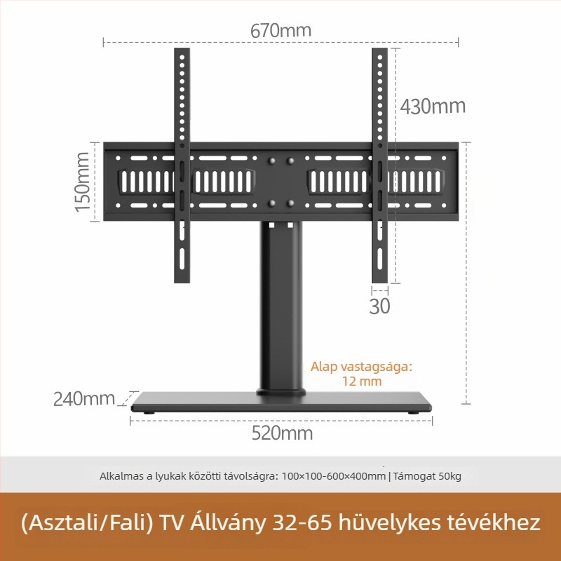 Universális TV állvány és falra szerelhető tartó, mechanikus vezérlés, vasból készült tartó, teherbírás több mint 15 kg
