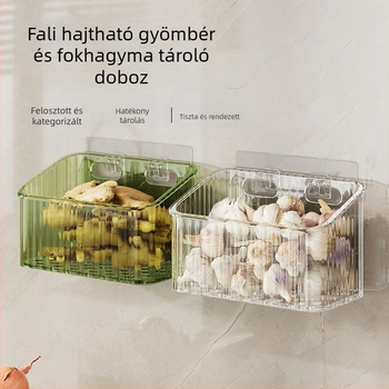 Falra szerelhető konyhai tárolókosár hagyma és fokhagyma számára — műanyag, egyrétegű, teherbírás 5–10 kg, fúrás nélküli felület