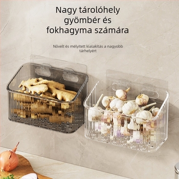 Falra szerelhető konyhai tárolókosár hagyma és fokhagyma számára — műanyag, egyrétegű, teherbírás 5–10 kg, fúrás nélküli felület