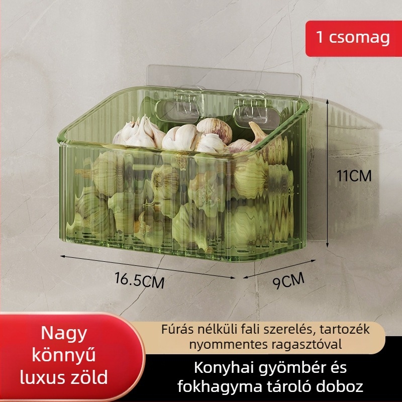 Falra szerelhető konyhai tárolókosár hagyma és fokhagyma számára — műanyag, egyrétegű, teherbírás 5–10 kg, fúrás nélküli felület