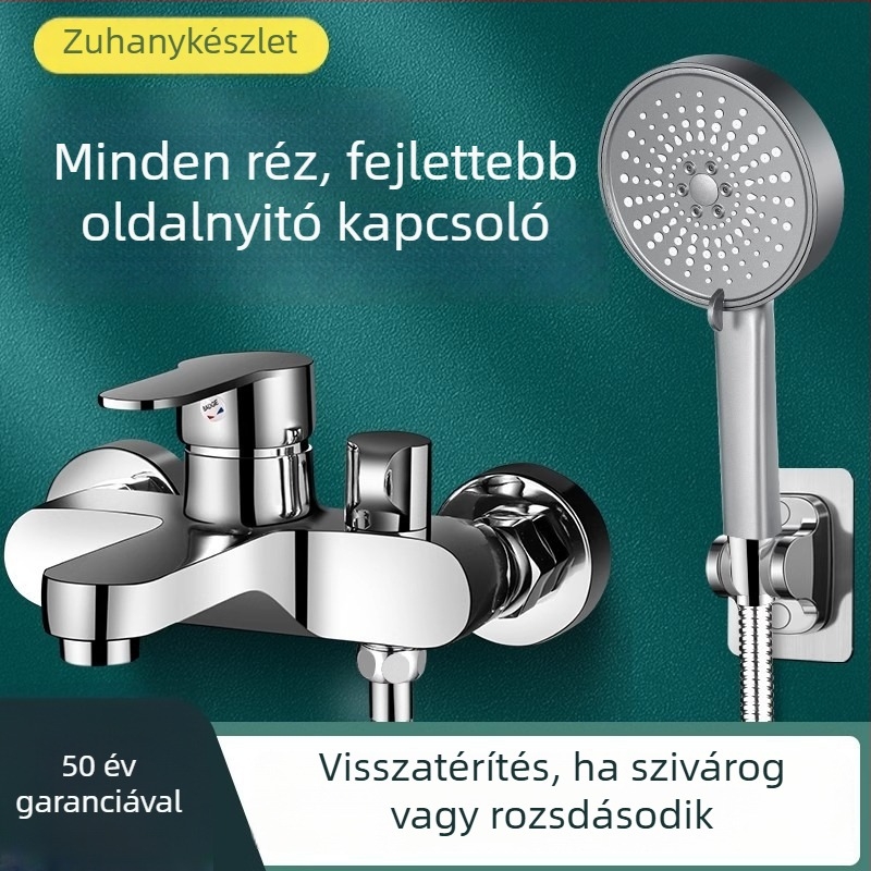 Falra szerelt, rézből készült zuhanykészlet: permetezés, masszázs, buborék és eső funkciók; kör alakú zuhanyfej; működési hőmérséklet 0-80°C