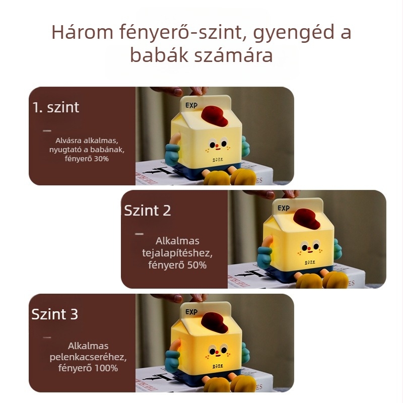 Rajzfilm tejdoboza alakú éjjeli lámpa, beépített akkumulátor, ABS lámpabúra, CE tanúsítvány, gombkapcsoló, nyomtatott logó