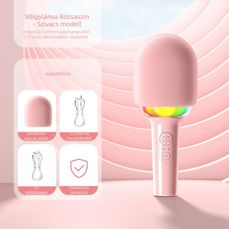 L8 Gyerek Karaoke Mikrofon Bluetooth 5.0, szív alakú dizájn, beépített akkumulátor, 100 Hz–20 kHz frekvenciaválasz, 3 W