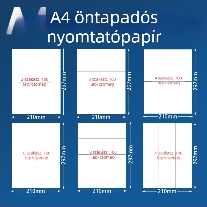 A4 ragasztónyomtató papír címkékhez – téglalap alakú, nyomtatható formátum, 170 g/m², sárga hátoldal