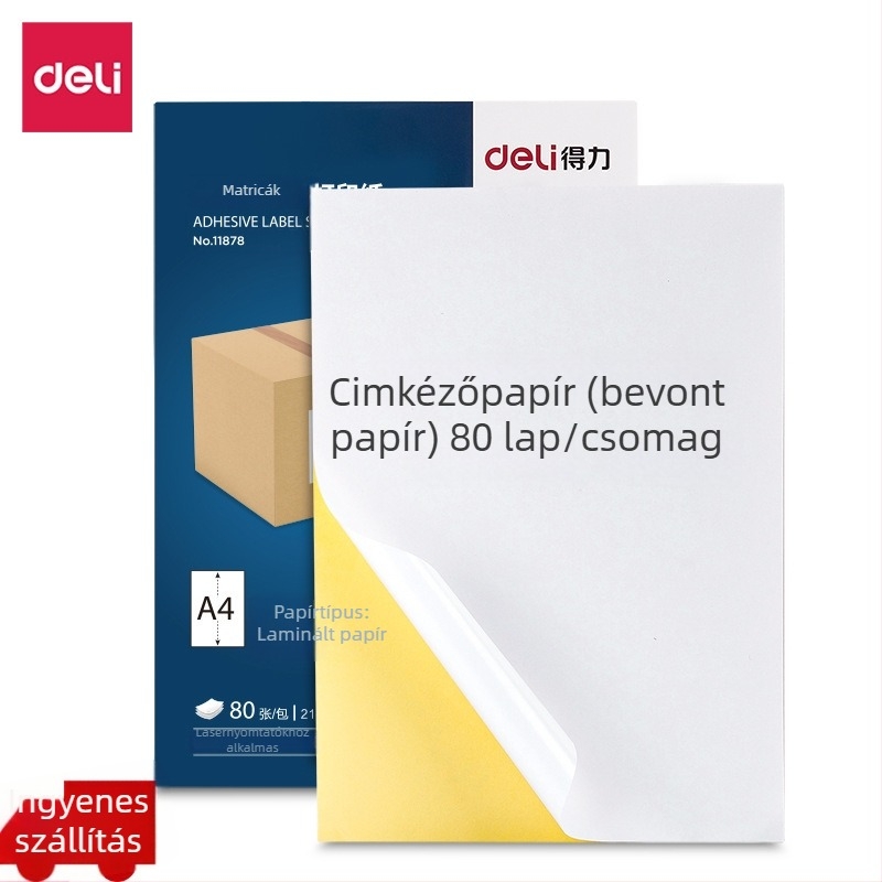 Öntapadós címke papír lézernyomtatóhoz, modell 11878, márka Deli, anyag: Copperplate öntapadós matricák, ragasztó: forró olvadó ragasztó, felület: 78 g bevont papír