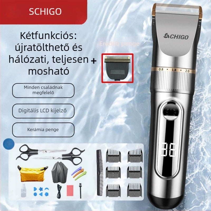 Családi használatra tervezett elektromos hajvágó - kerámia pengék, beépített 1000-1200 mAh akkumulátor, 1-3 óra üzemidő, teljes test mosható, digitális kijelző