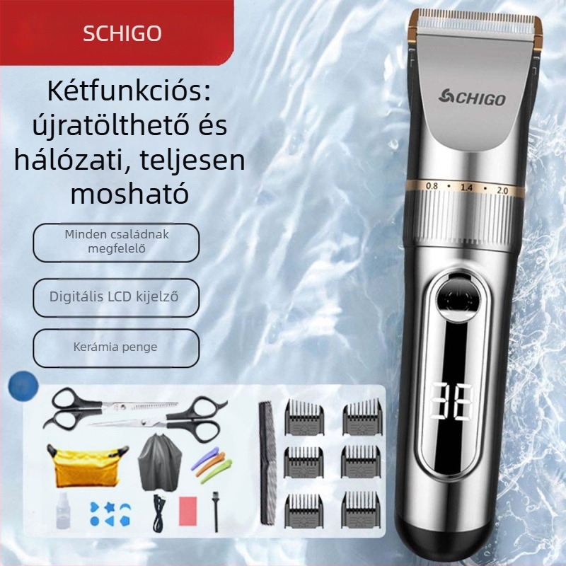 Családi használatra tervezett elektromos hajvágó - kerámia pengék, beépített 1000-1200 mAh akkumulátor, 1-3 óra üzemidő, teljes test mosható, digitális kijelző