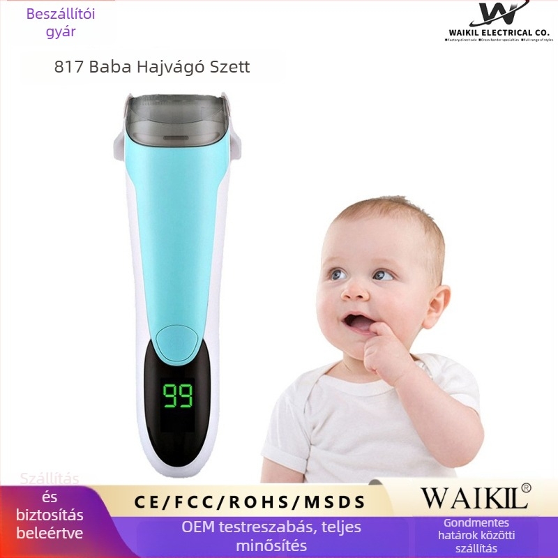 Baba csendes hajvágó szívóval — USB töltés, brushless motor, kerámia rozsdamentes acél penge, zaj <36 dB, beépített 500–800 mAh, üzemidő 1–3 óra
