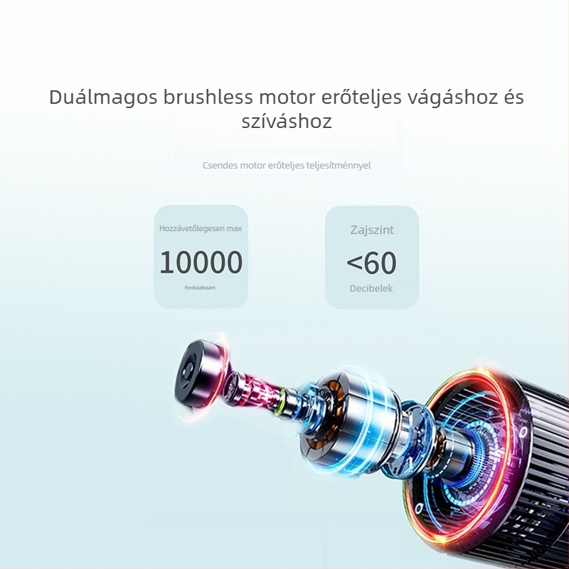 Baba csendes hajvágó szívóval — USB töltés, brushless motor, kerámia rozsdamentes acél penge, zaj <36 dB, beépített 500–800 mAh, üzemidő 1–3 óra