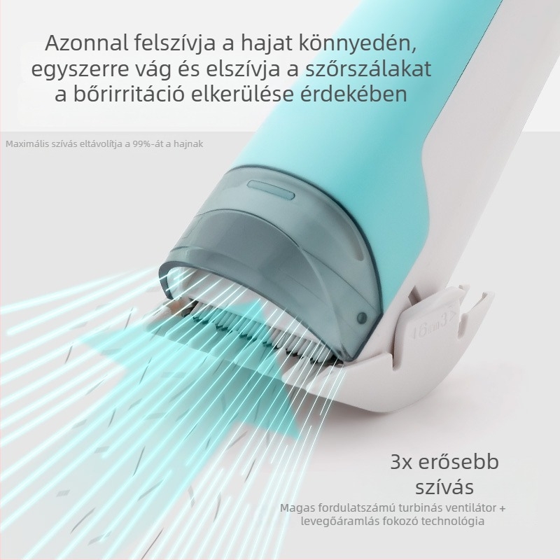 Baba csendes hajvágó szívóval — USB töltés, brushless motor, kerámia rozsdamentes acél penge, zaj <36 dB, beépített 500–800 mAh, üzemidő 1–3 óra