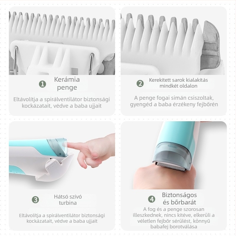 Baba csendes hajvágó szívóval — USB töltés, brushless motor, kerámia rozsdamentes acél penge, zaj <36 dB, beépített 500–800 mAh, üzemidő 1–3 óra