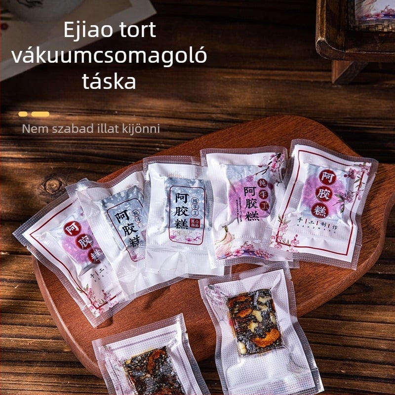 Élelmiszer vákuumcsomagoló zacskó, sima felület, kétoldali zárás; anyag: poliészter; használat: élelmiszer csomagolás; licencelhető privát címke