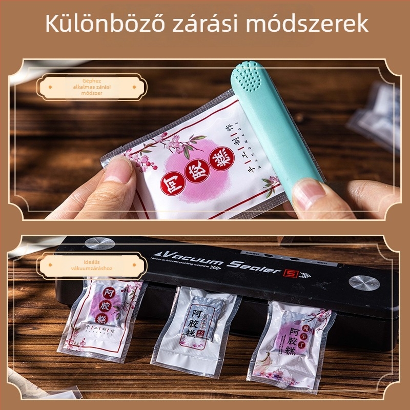 Élelmiszer vákuumcsomagoló zacskó, sima felület, kétoldali zárás; anyag: poliészter; használat: élelmiszer csomagolás; licencelhető privát címke