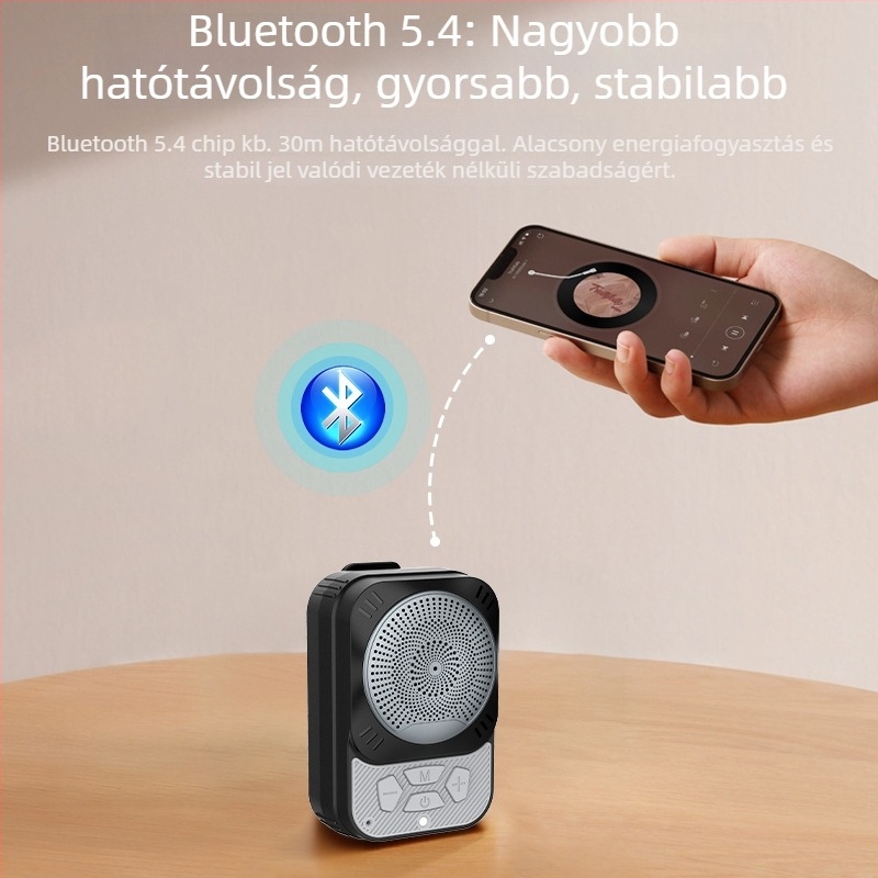 Mágneses klipszes Bluetooth hangszóró, IPX5 vízálló, Bluetooth 5.3, frekvenciatartomány 100Hz-20kHz, SNR ≥100dB