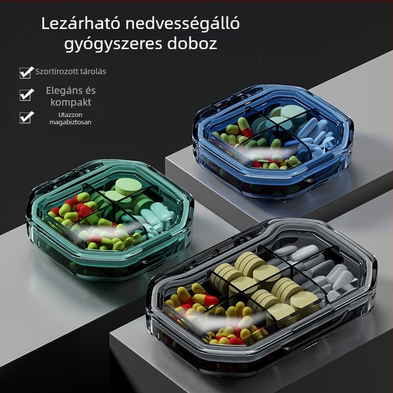 MZ-A01 gyógyszeres doboz, PC műanyag, fedéllel és rekeszekkel, hét napos hordozható gyógyszeres doboz