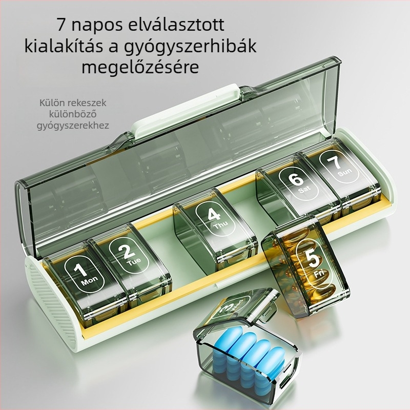 Hetes rekeszes gyógyszeres doboz, hordozható, zárható, fény- és nedvességálló, heti adagoló