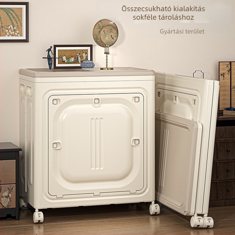 Fedéllel ellátott összecsukható tárolóedény, PP műanyagból, 50–60 L kapacitás, kerekekkel