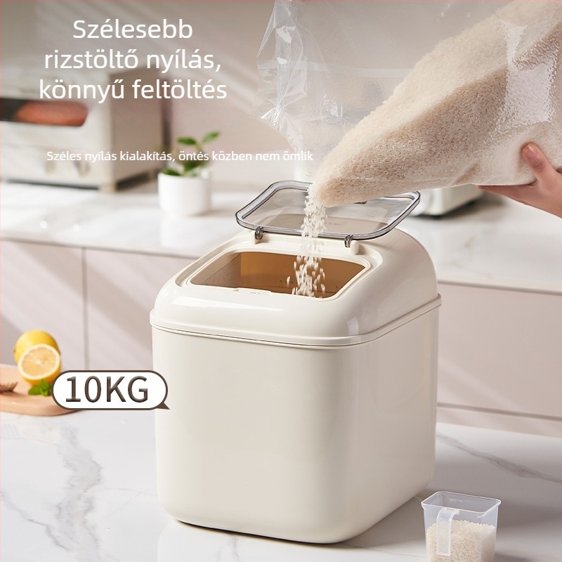 Rizstároló doboz, zárható, nedvesség- és rovarbiztos; anyag: PP műanyag; modern minimalista dizájn.
