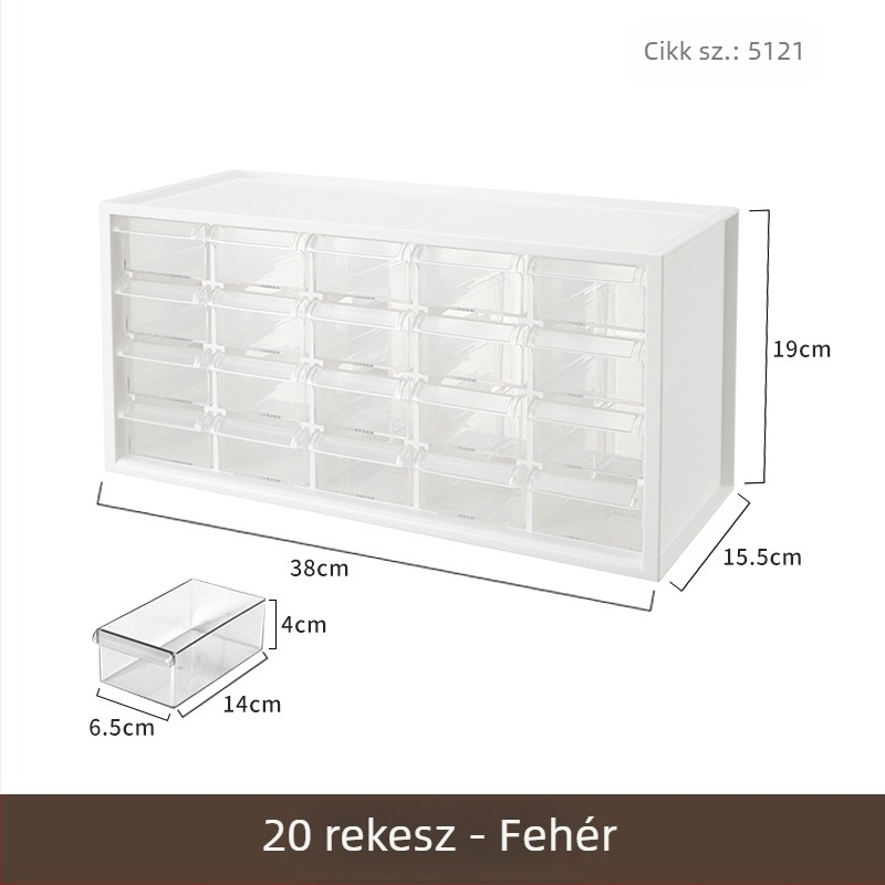 Asztali fiókos tároló doboz (modell 514AAE), PP anyag, fedéllel, rakható, 20 rekesz