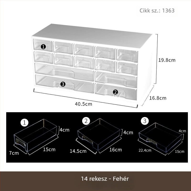 Asztali fiókos tároló doboz (modell 514AAE), PP anyag, fedéllel, rakható, 20 rekesz