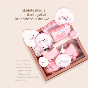 Guo Xiaoniu ZOO Sorozat – Púder Puff Készlet nedves és száraz használatra, 2 bolyhos puff, 1 marshmallow puff, 2 ujjbegy puff, tároló doboz; Anyagok: poliészter, szivacs, ruby cell, rugalmas szivacs, PU bőr