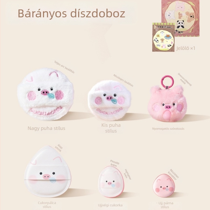 Guo Xiaoniu ZOO Sorozat – Púder Puff Készlet nedves és száraz használatra, 2 bolyhos puff, 1 marshmallow puff, 2 ujjbegy puff, tároló doboz; Anyagok: poliészter, szivacs, ruby cell, rugalmas szivacs, PU bőr