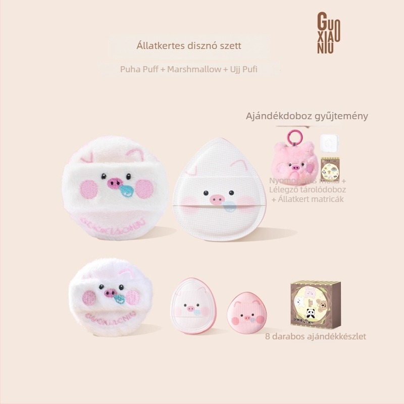 Guo Xiaoniu ZOO Sorozat – Púder Puff Készlet nedves és száraz használatra, 2 bolyhos puff, 1 marshmallow puff, 2 ujjbegy puff, tároló doboz; Anyagok: poliészter, szivacs, ruby cell, rugalmas szivacs, PU bőr