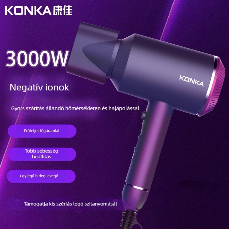 Konka hajszárító háztartási – negatív ionok, 1600W, kefés motor, 220V, hideg/meleg levegő, 2 sebesség
