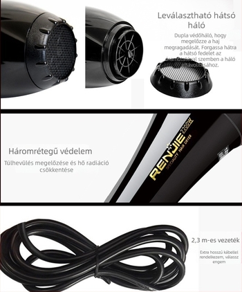 Renji 827 Hajszárító - 2200W, Meleg és Hideg levegő, Kefés motor, 220V, ABS ház