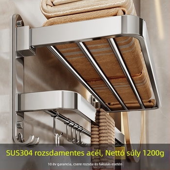 304 rozsdamentes acél törölközőtartó, fúrás nélküli, összecsukható, kétszintes, 30 kg terhelés