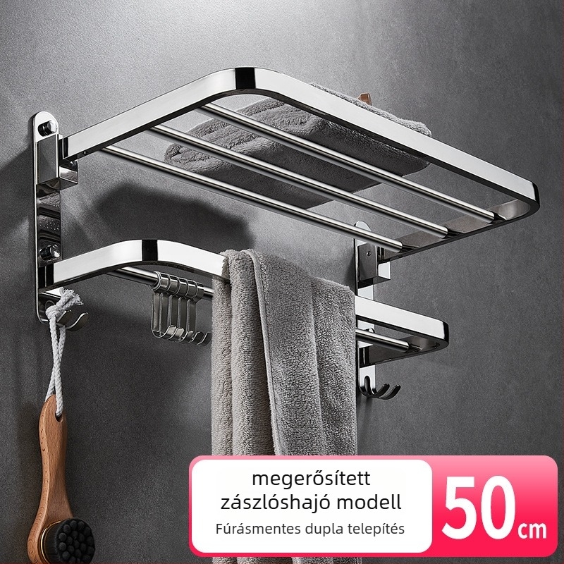 304 rozsdamentes acél törölközőtartó, fúrás nélküli, összecsukható, kétszintes, 30 kg terhelés