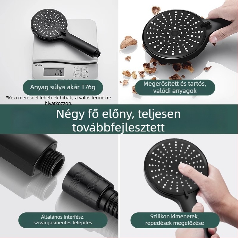 Nyomásos zuhanyfej, öt sebességre állítható, nagy panel kiömlő és univerzális interfész
