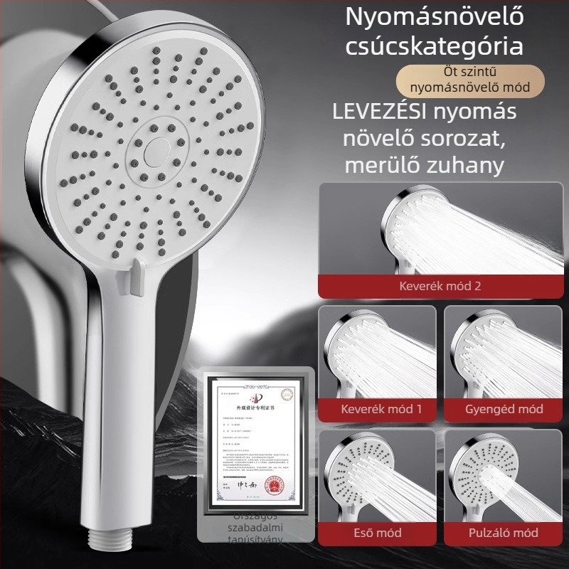 Nyomásos zuhanyfej, öt sebességre állítható, nagy panel kiömlő és univerzális interfész