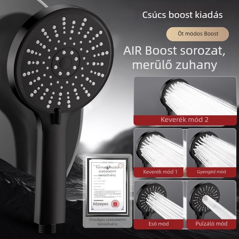 Nyomásos zuhanyfej, öt sebességre állítható, nagy panel kiömlő és univerzális interfész