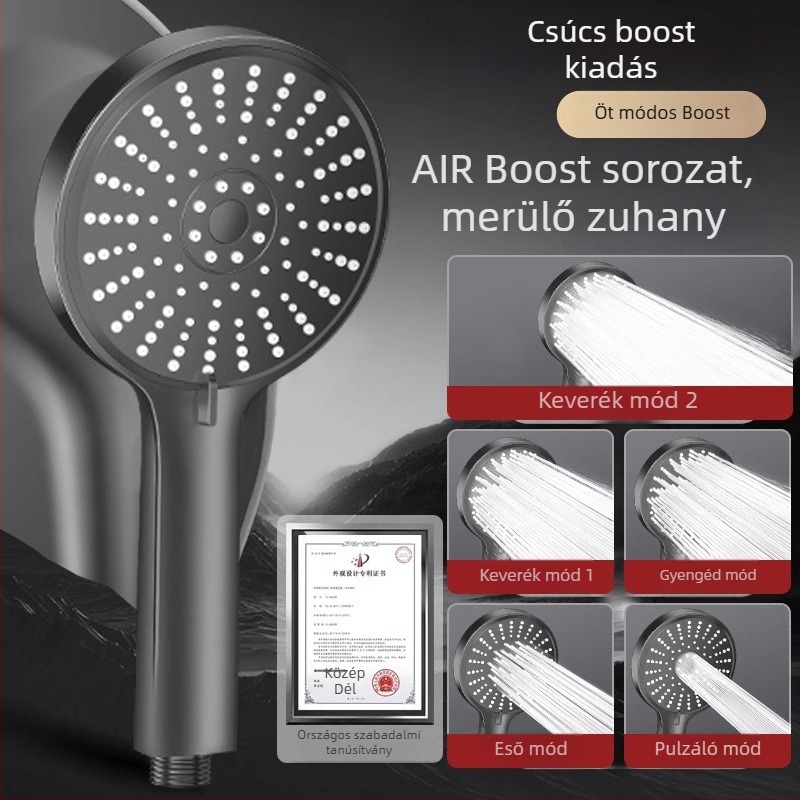 Nyomásos zuhanyfej, öt sebességre állítható, nagy panel kiömlő és univerzális interfész