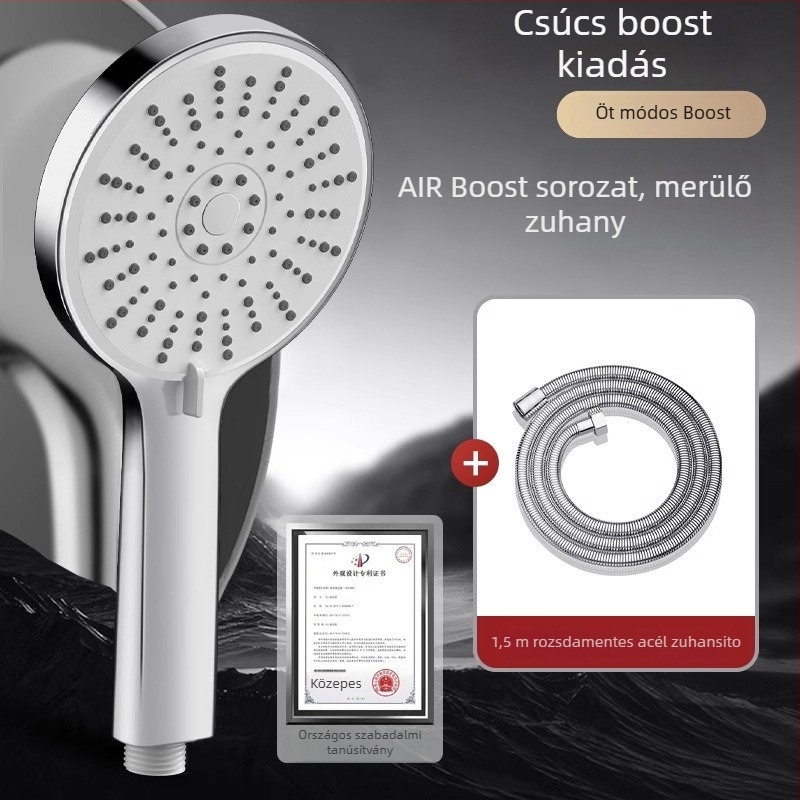 Nyomásos zuhanyfej, öt sebességre állítható, nagy panel kiömlő és univerzális interfész
