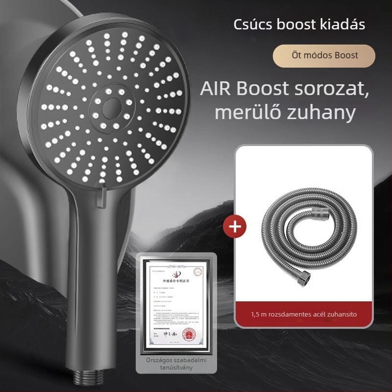 Nyomásos zuhanyfej, öt sebességre állítható, nagy panel kiömlő és univerzális interfész