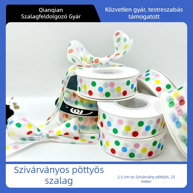 Pöttyös minta szalag ajándék- és torta csomagoláshoz, poliészter, Qianqian Ribbon, dekoratív szalag