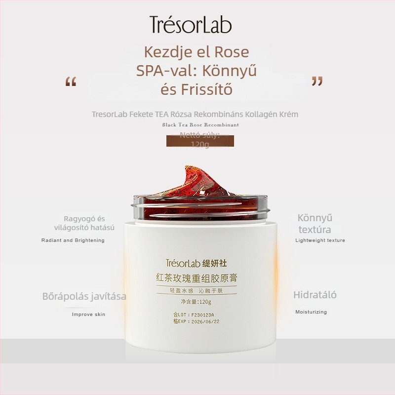 Tiyanhe Krém-Gél Maszk rekombinált kollagénnel, fekete teával és rózsával – Hidratáló, Pórusfinomító, Normál bőrtípushoz, 120 ml, 3 év szavatosság