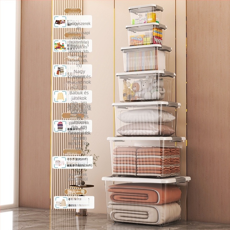 Ruhatároló doboz, Átlátszó kialakítás, 50–60 L kapacitás, PP műanyag, Többfunkciós, Por- és nedvességálló