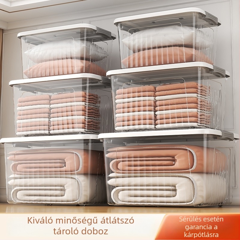 Ruhatároló doboz, Átlátszó kialakítás, 50–60 L kapacitás, PP műanyag, Többfunkciós, Por- és nedvességálló