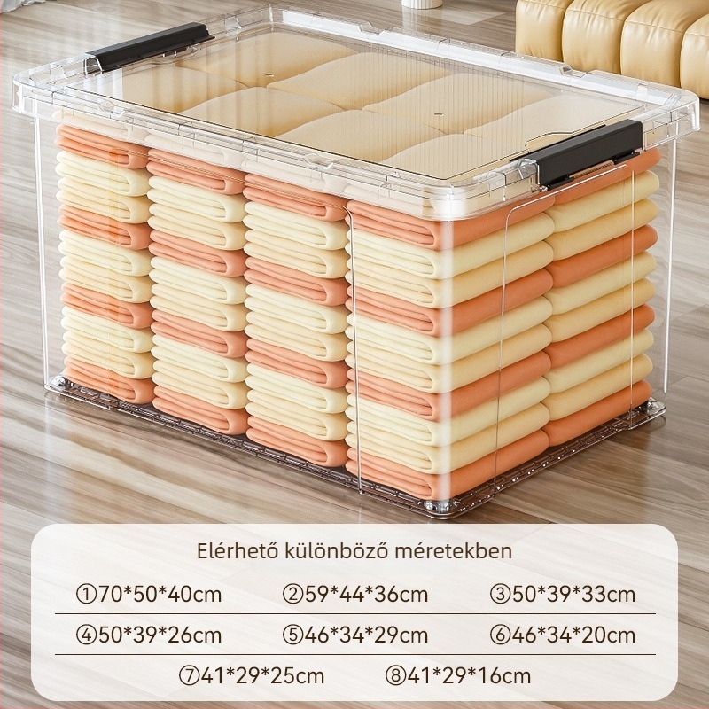 Ruhatároló doboz, Átlátszó kialakítás, 50–60 L kapacitás, PP műanyag, Többfunkciós, Por- és nedvességálló