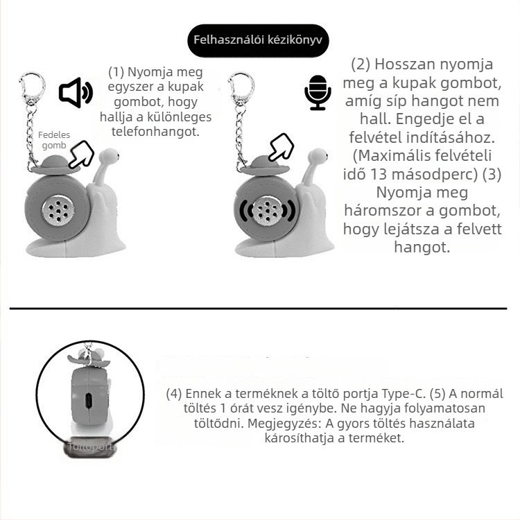 Műanyag kulcstartó hanggombbal és felvevő babával – rajzfilm stílusú, stresszoldó játék