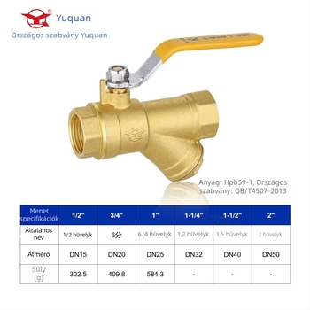 Sárgaréz szűrő gömbcsap Yq-1202, rögzített kétutas vízcsap, belső menet csatlakozás