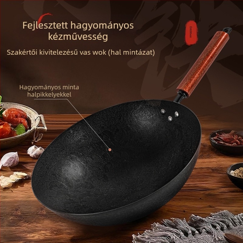 Rozsdamentes acél wok kettős aljzattal, tapadásmentes felülettel, univerzális tűzhelyhez