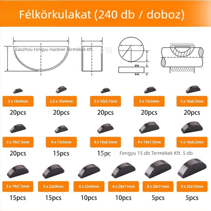 Szénacél kulcspin-készlet, 530 db, körkörös, félkör és lekerekített párhuzamos kulcsok