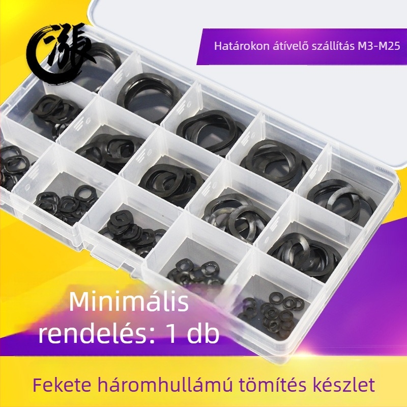 Aozhang Fekete háromhullámos alátét készlet, hullám alakú tömítés alátét, rugóacél, 8. osztály