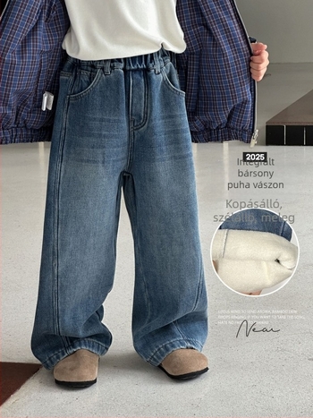 Fiúknak készült bolyhos béléses denimnadrág, téli szezon 2025, középmagas derekú, 88% pamut / 7% poliészter / 5% viszkóz